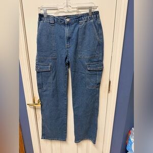 Excuse Jeans Womens L Cargo Pants High Waist Skater Loose Baggy Blue Denim